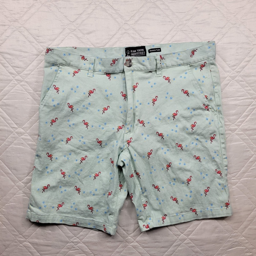 Raw Yarn Industries Stretch Twill light blue w/ flamingos shorts size 38